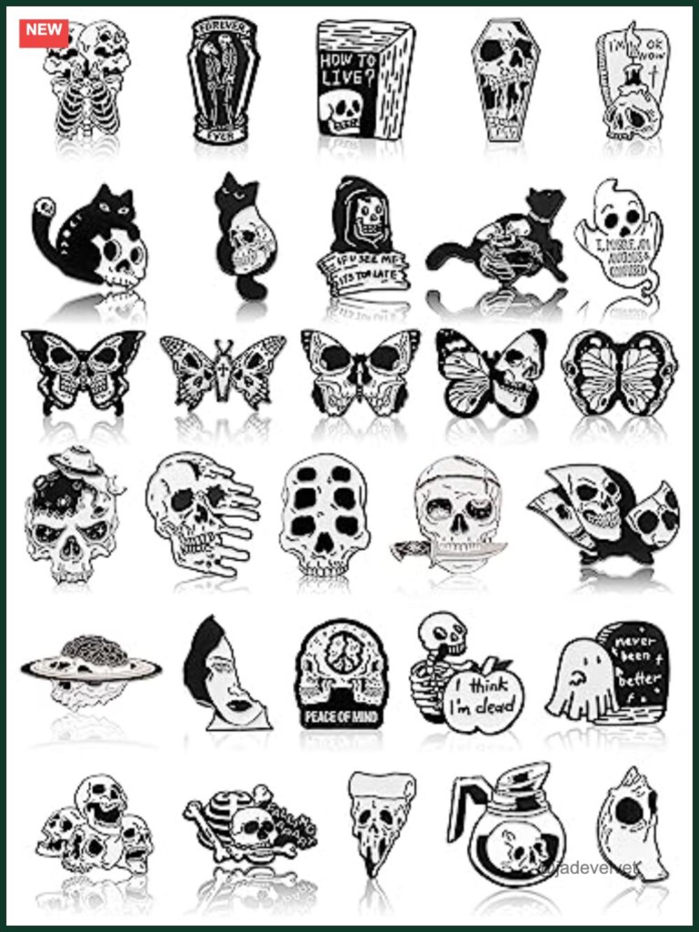 Goth Enamel Pins Set Horror Skeleton Ghost Butterfly Cat Alloy Brooches